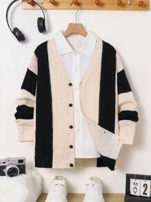 Tween Boy Casual Korean Style Loose Contrast Stripes Button Front Cardigan, Suitable For Autumn, Winter And Spring, Fit For Outdoor Play, School, Street, Party And Casual Wear - Multicolor - View 1
