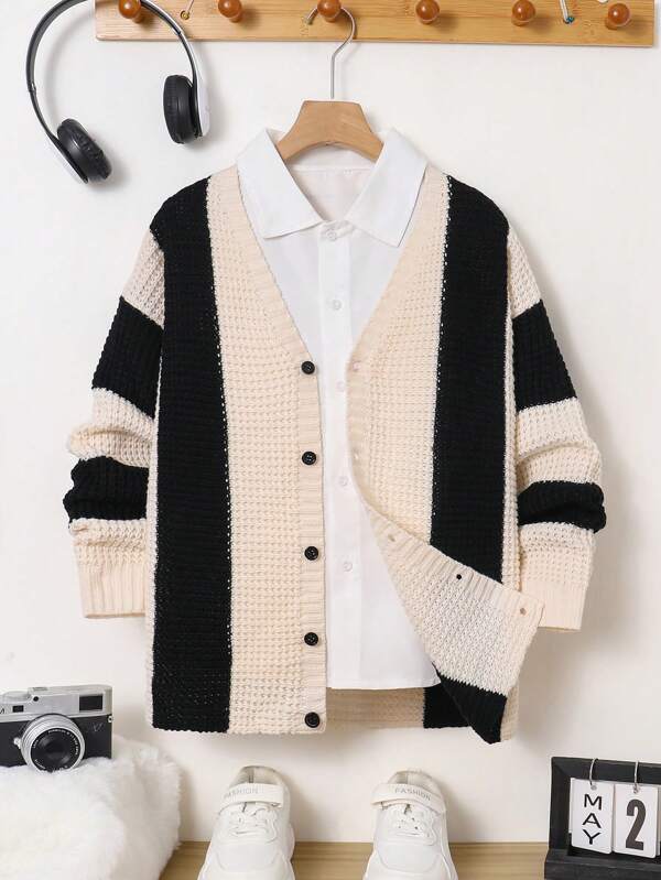 Tween Boy Casual Korean Style Loose Contrast Stripes Button Front Cardigan, Suitable For Autumn, Winter And Spring, Fit For Outdoor Play, School, Street, Party And Casual Wear