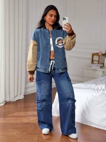 SHEIN ICON Damen Lässig Kontrast Farbblock Patchwork Emblem Denim Jacke, Herbst