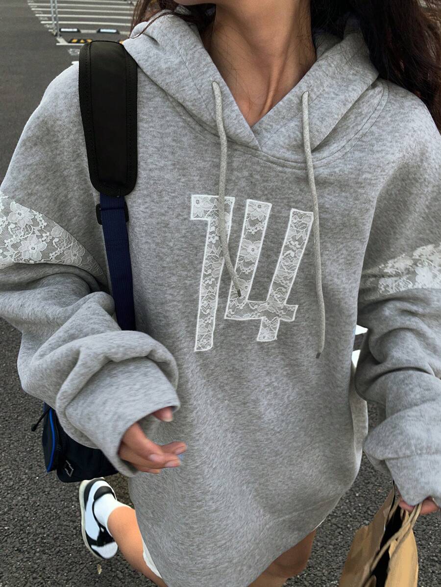 DAZY 新款秋季蕾丝刺绣字母宽松休闲女式运动衫 - 灰色 - 查看 1