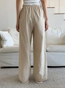 DAZY 条纹宽松休闲家居裤，适合日常休闲、秋季睡衣、冬季穿着 - 杏色 - 查看 2