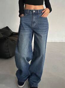 DAZY Quần Jeans Ống Thẳng Rộng, Thường Ngày Cho Nữ, Quần Jeans Rộng - Màu xanh lam - Xem 3