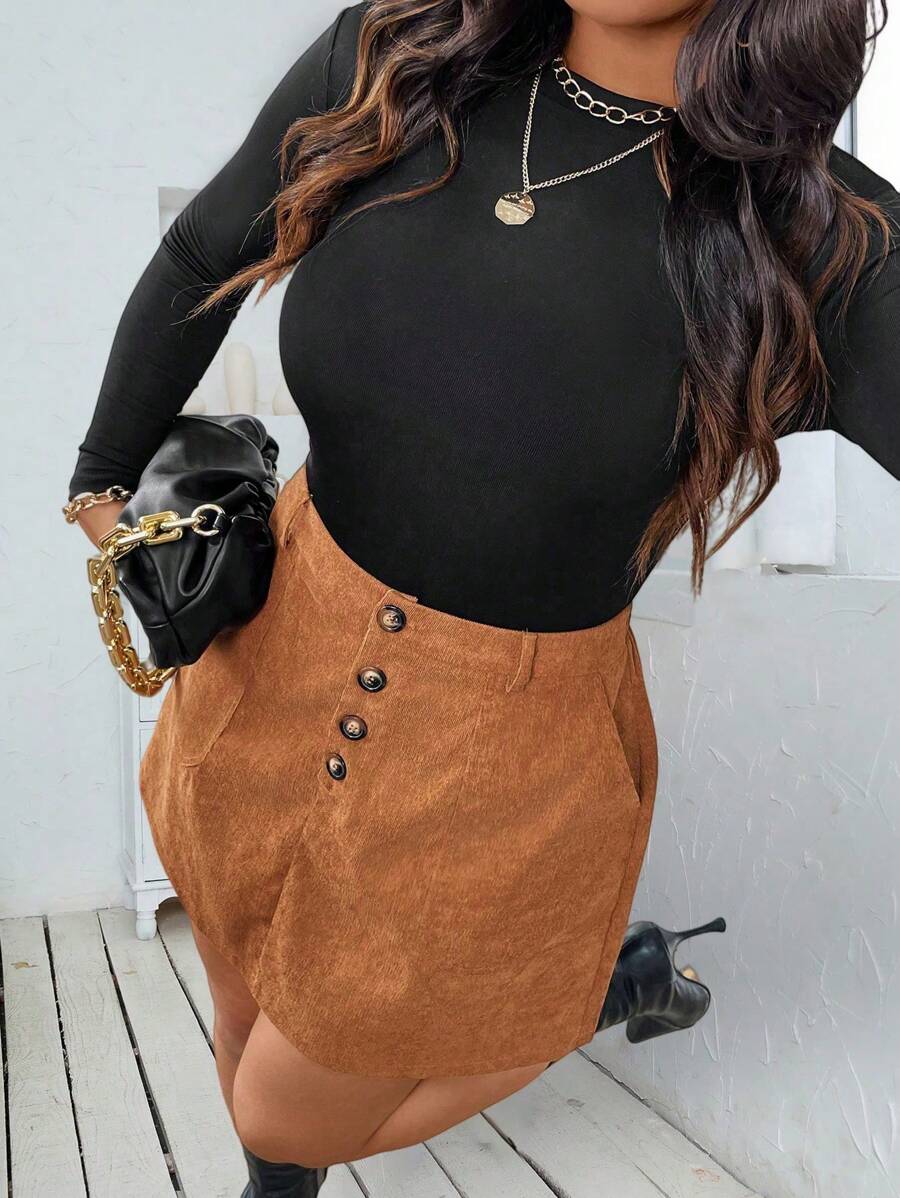 SHEIN LUNE Plus Size Solid Color Button Pocket Elegant Commuter Skirt, Autumn/Winter Fall - Brown - View 1