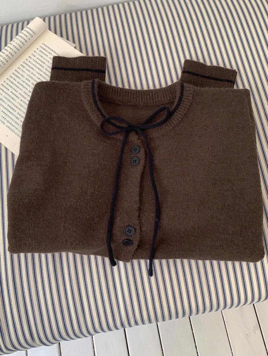 DAZY Áo len dài tay nơ màu tương phản cho nữ, Quần áo thu đông cho nữ - Cà phê nâu - Xem 1