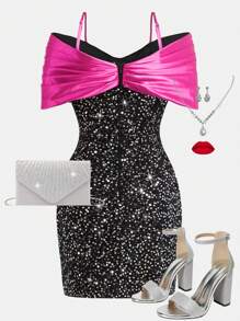 Girlism Teen Girl Elegant Sequins Bow Decor Party Dress, Suitable For New Year