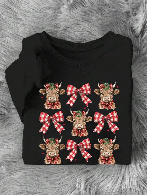 INAWLY Christmas Highland Cow & Bow Pattern Print Long Sleeve Women Sweatshirt