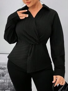 Calvaya Plus Size Women Solid Color Front Twist Texture Blouse - Black - View 6