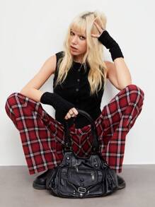 TRNVIE 1pc Women's Vintage Plaid Print Loose Straight-Leg Pants, Low Rise, Autumn/Winter - Burgundy - View 3