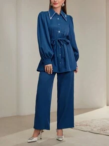 Modelyn Bộ 2 chiếc áo cánh và quần trang trí bằng đá Rhinestone màu trơn cho nữ, thanh lịch - Màu xanh lam - Xem 2