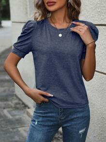 INAWLY Women Casual Solid Color Puff Sleeve T-Shirt