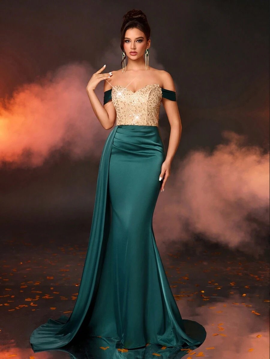 Glamrae Elegante y hermoso vestido de fiesta con escote corazón, de un solo hombro, ajustado y en corte sirena, confeccionado con lentejuelas doradas cosidas sobre satén brillante verde oscuro, con piezas flotantes, adecuado para cenas, fiestas de solteros, galas de noche formal, bailes de graduación, y para invitados de bodas