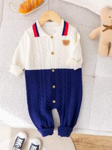 SHEIN Newborn Baby Boys/Girls Casual Cute Bear Graphic Contrast Color Warm Sweater Jumpsuit, Suitable For Autumn/Winter Indoor & Outdoor Wear
