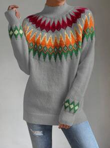 Chiquease 女式休闲高领插肩袖费尔岛图案毛衣，秋季/冬季 - 彩色 - 查看 4