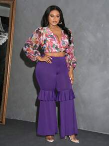 Slaydiva Plus Size V-Neck Long Sleeve All-Over Print Top And Pants Casual 2 Pieces Set - Multicolor - View 6