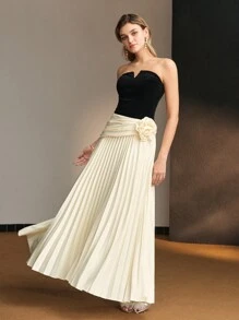 MOTF PREMIUM TWO TONE VELVET BODICE STEREO FLOWER PLEATED HEM TUBE LONG DRESS - Multicolor - View 2