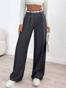 SHEIN Cottnline Women's Solid Mid Rise Belted Suit Pants - Dark Grey - View 5