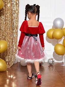 SHEIN Vestido rojo de niña para fiesta de Navidad con manga globo, corte entallado con línea A, detalles de malla, terciopelo y volante esponjoso, incluye cinturón - Rojo - Ver 3