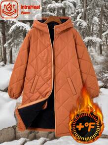 SHEIN EZwear 大码女式棕色棉质夹棉大衣，寒冷天气保暖服装，保暖绗缝夹克，秋装