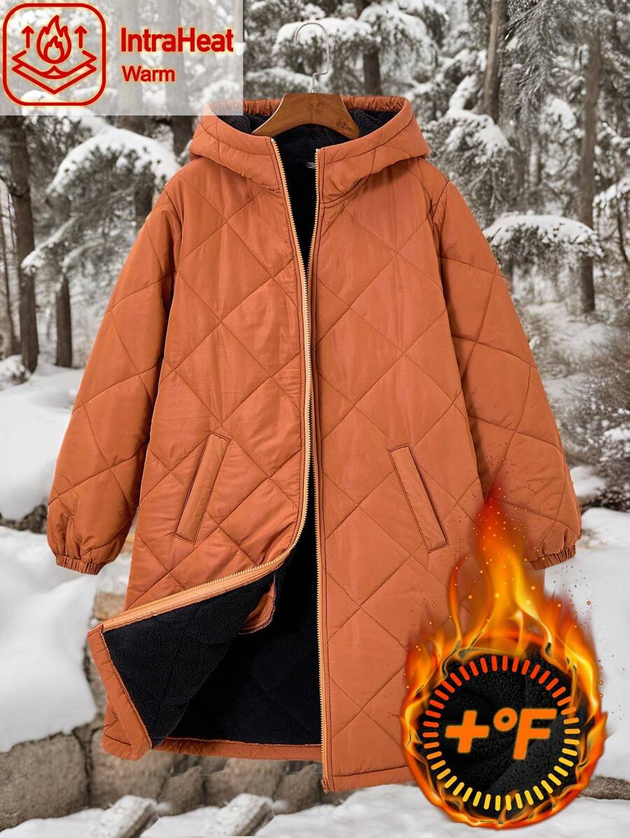 SHEIN EZwear 大码女式棕色棉质夹棉大衣，寒冷天气保暖服装，保暖绗缝夹克，秋装