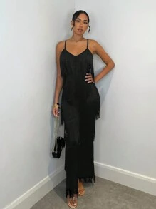 SHEIN BAE 1 件女式秋冬流苏细肩带深 V 领露背修身连体裤，适合万圣节派对和圣诞派对 - 黑色 - 查看 1