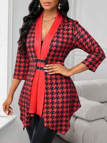 SHEIN Lady Red And Black Houndstooth Print Cardigan,Women's Elegant Office Coat With Metal Buckle & Mid-Length Sleeves,Asymmetrical Hem Autumn Winter Outfits - Red - View 3