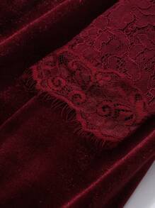 DAZY 女士丝绒蕾丝拼接性感长袖中长连衣裙，适合圣诞派对、返校、正式场合、秋冬季舞会礼服、圣诞节优雅女士连衣裙、新年夜礼服 - 酒紅色 - 查看 8