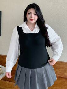 Dazy Plus Plus Size Women Colorblock Patchwork 2 In 1 Sleeveless Shirt, Autumn