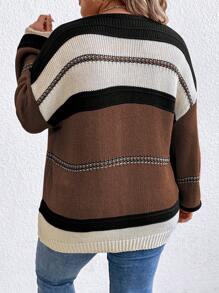 SHEIN LUNE Jersey de hombros caídos con bloques de color y rayas, talla grande, para otoño/invierno