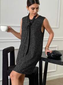 DAZY Elegantes ärmelloses Minikleid mit rundem Ausschnitt, Taillenbindung und gerader Passform für Damen, Sommerkleid, Herbstmode - Schwarz - Übersicht 4