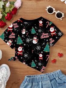 SHEIN Tween Girls' Christmas Santa Claus, Christmas Tree, Candy Cane, Snowflake Print Black Casual Minimalist Round Neck Short Sleeve T-Shirt, Suitable For Summer Christmas - Multicolor - View 3