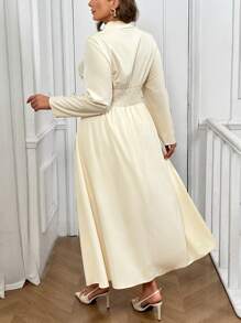 SHEIN Privé Plus Size Women Elegant Office Lady Apricot Shawl Neck Cinched Waist Long Sleeve A-Line Shirt Dress, Suitable For Fall & Winter