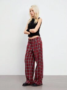 TRNVIE 1pc Women's Vintage Plaid Print Loose Straight-Leg Pants, Low Rise, Autumn/Winter - Burgundy - View 1