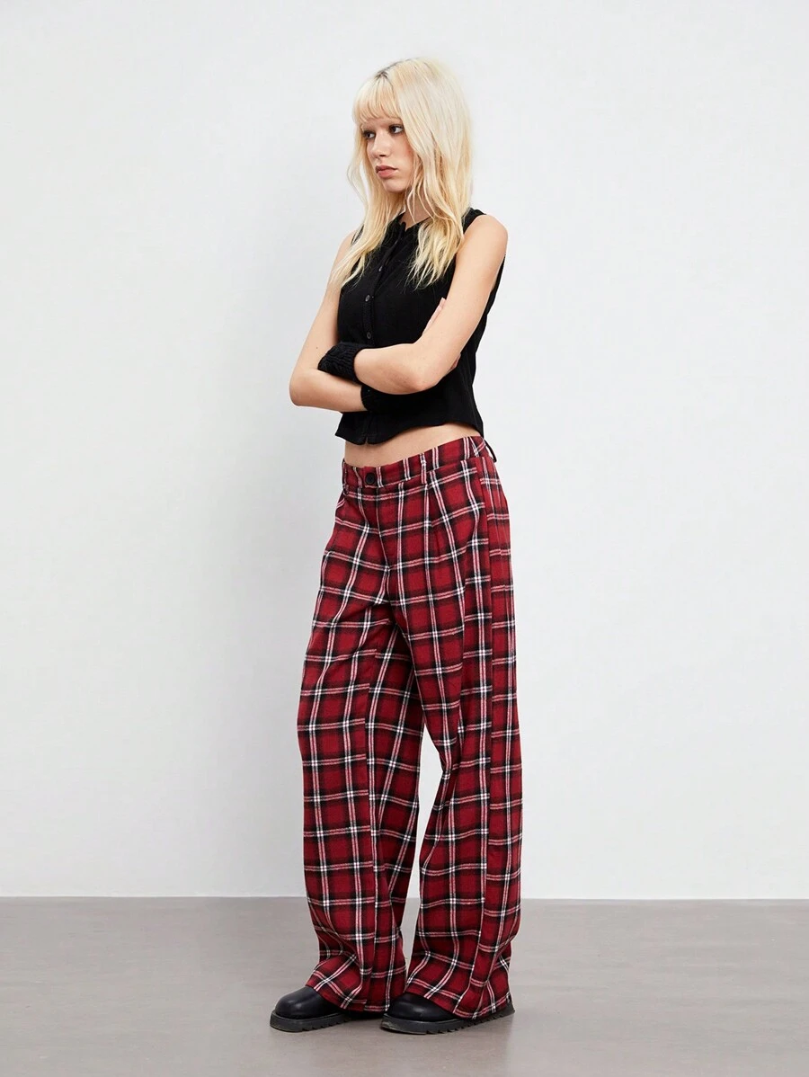 TRNVIE 1pc Women's Vintage Plaid Print Loose Straight-Leg Pants, Low Rise, Autumn/Winter - Burgundy - View 1