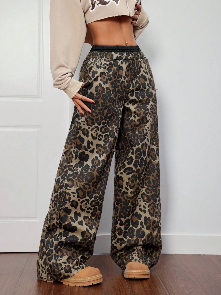 SHEIN PETITE Women Leopard Print Loose Fit 2 In 1 All-Cotton Jeans ,Petite Women - Multicolor - View 1