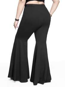 ROMWE Goth Plus Size Retro Eleganckie Tajemnicze Seksowne Spodnie Bodycon Z Haftowanym Wężowym Zamkiem Błyskawicznym Rozkloszowanym Wzorem, Wysoka Elastyczność - Czarne - Zobacz 6