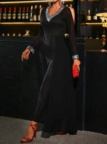 SHEIN Clasi Women's Stylish Sequin Splice Open Shoulder Front-Tie Jumpsuit - Black - View 6