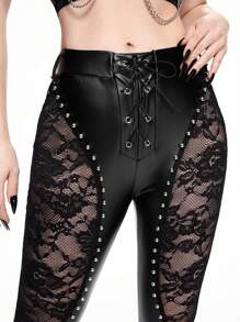 ROMWE Goth 哥特式力量感觉 PU 仿皮与蕾丝拼布紧身喇叭裤