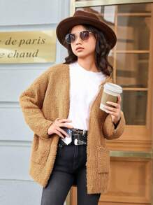 Tween Girl Casual Knitted Plain Long Sleeve Cardigan - Camel - View 2