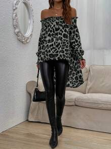 SHEIN Clasi Blusa informal de mujer de manga larga con hombros descubiertos, bajo asimétrico y estampado de leopardo, para otoño
