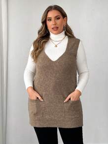 Franclia Plus Size V-Neck Pockets Solid Color Casual Comfortable Knitted Vest Sweater For Women, French Style