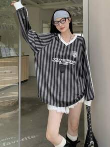 DAZY Women's Striped Casual Long Sleeve Letter Print Simple T-Shirt