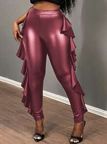 Slaydiva Pantalones plisados con volantes y acabado metálico de unicolor minimalista para mujeres