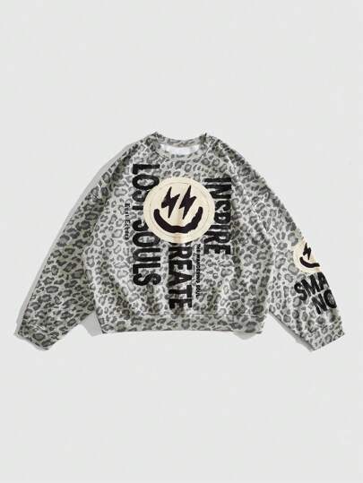 Street Life Herren Lässiger Pullover mit Leoprint, Slogan-Aufdruck und Rundhalsausschnitt für den Herbst