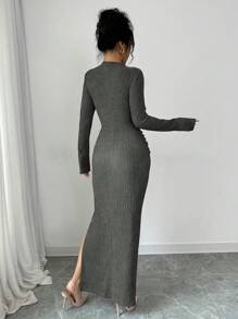 Elenzga 女士时尚优雅漏斗领交叉裹身镂空紧身连衣裙长款女装 - 灰色 - 查看 2