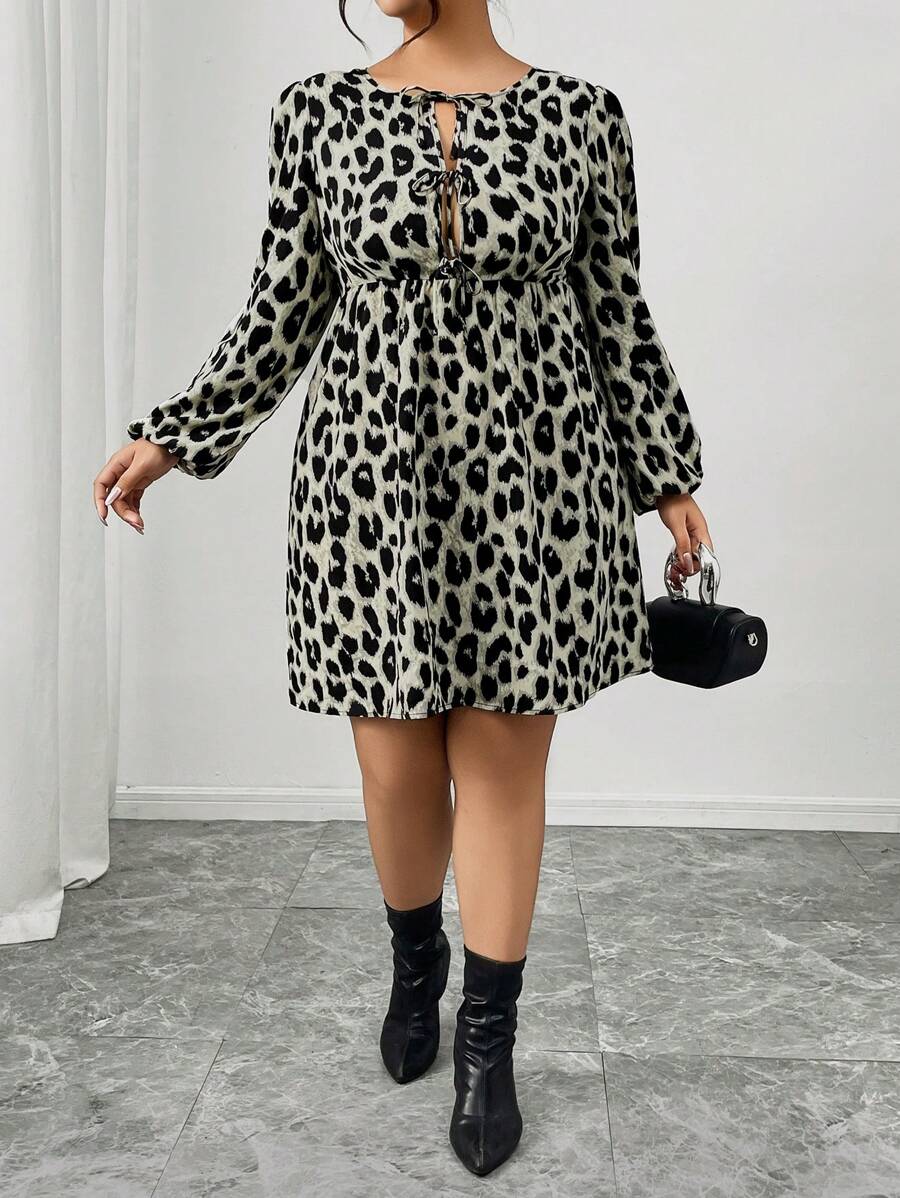 SHEIN Frenchy Plus Size Bowknot Strap Leopard Print Dress, Women Fall - Grey - View 1