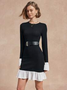SHEIN Unity 女士纯色拼色圆领长袖简约短裙，休闲日常穿着 - 黑色 - 查看 3