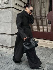 INAWLY Plus Size Solid Color Long Overcoat, Casual For Autumn/Winter - Dark Grey - View 4