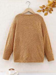 Tween Girl Casual Knitted Plain Long Sleeve Cardigan - Camel - View 3