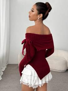 SHEIN Unity 女士露肩纯色侧开衩优雅毛衣，秋季 - 杏色 - 查看 2