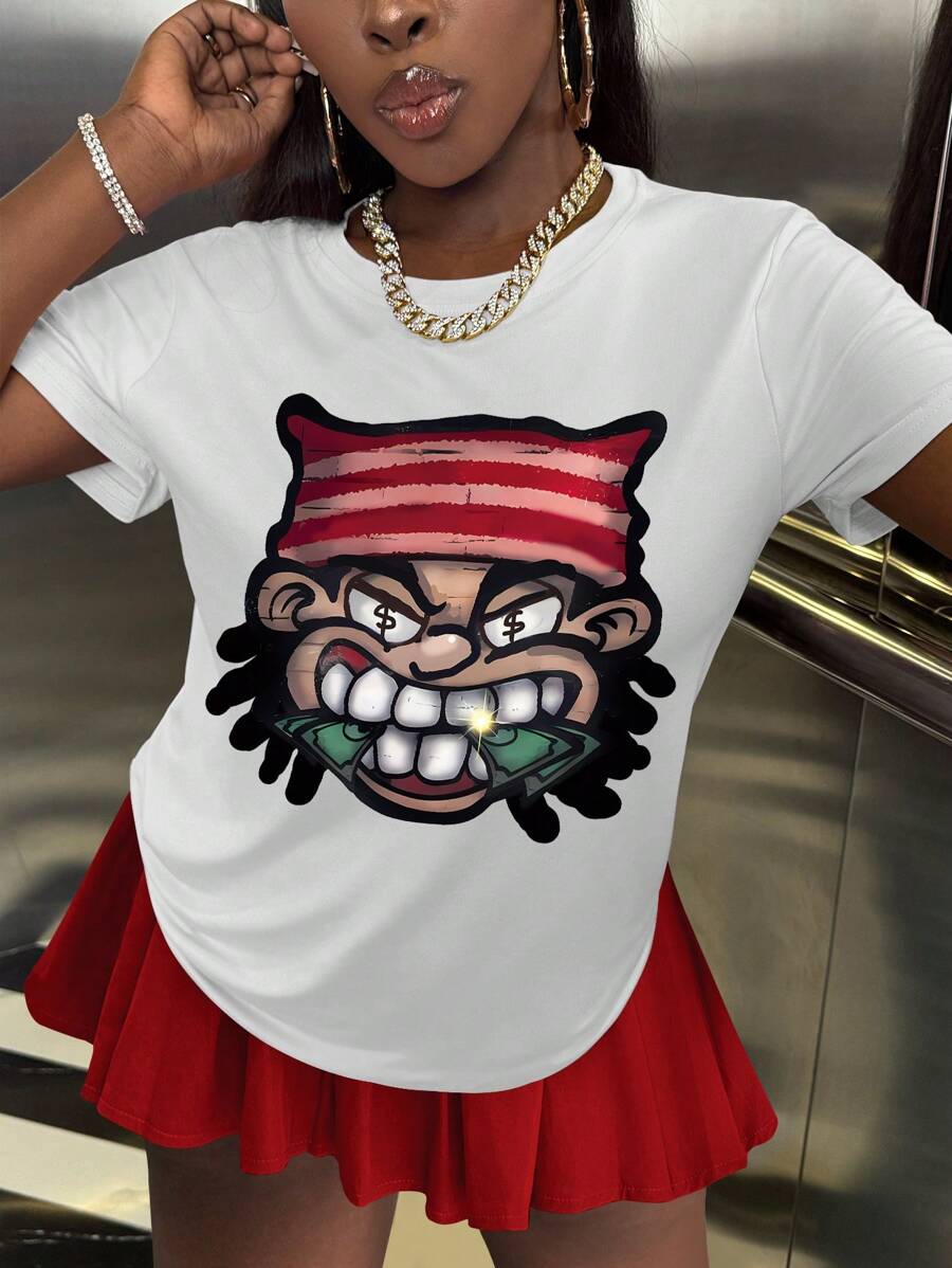 SHEIN Camiseta de manga corta ancha y casual para mujer con estampado de dibujos animados, blusas de verano con gráficos para mujer